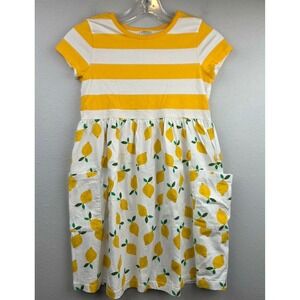Hanna Andersson Kids Yellow White Striped Lemon Print Cotton Pocket Dress
